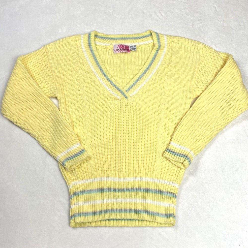 JR Reflections Sweater Womens M Yellow Good Vintage V-Neck Striped Cable Knit